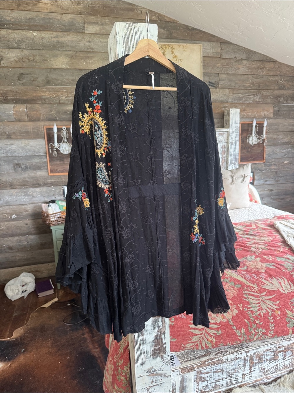 Free People Black Embroidered Floral Kimono
